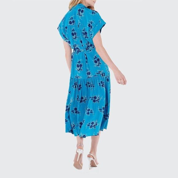 Veronica Beard Meagan Floral Silk Cap Short Sleeve Midi Dress Teal Blue 10 - Picture 2 of 9
